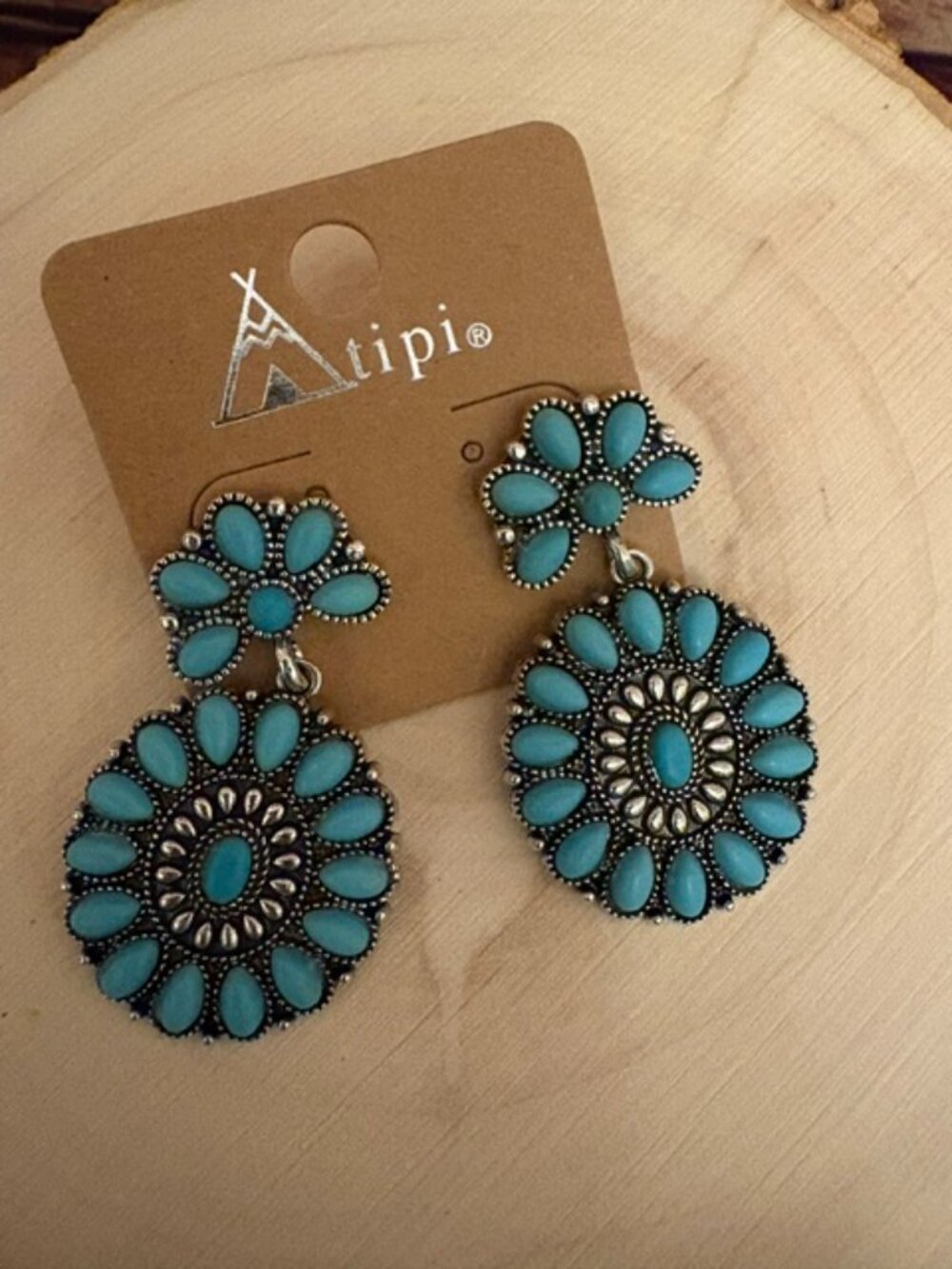 Tipi Turquoise Concho Dangle Earrings Western Cowgirl Silver Tone NWT